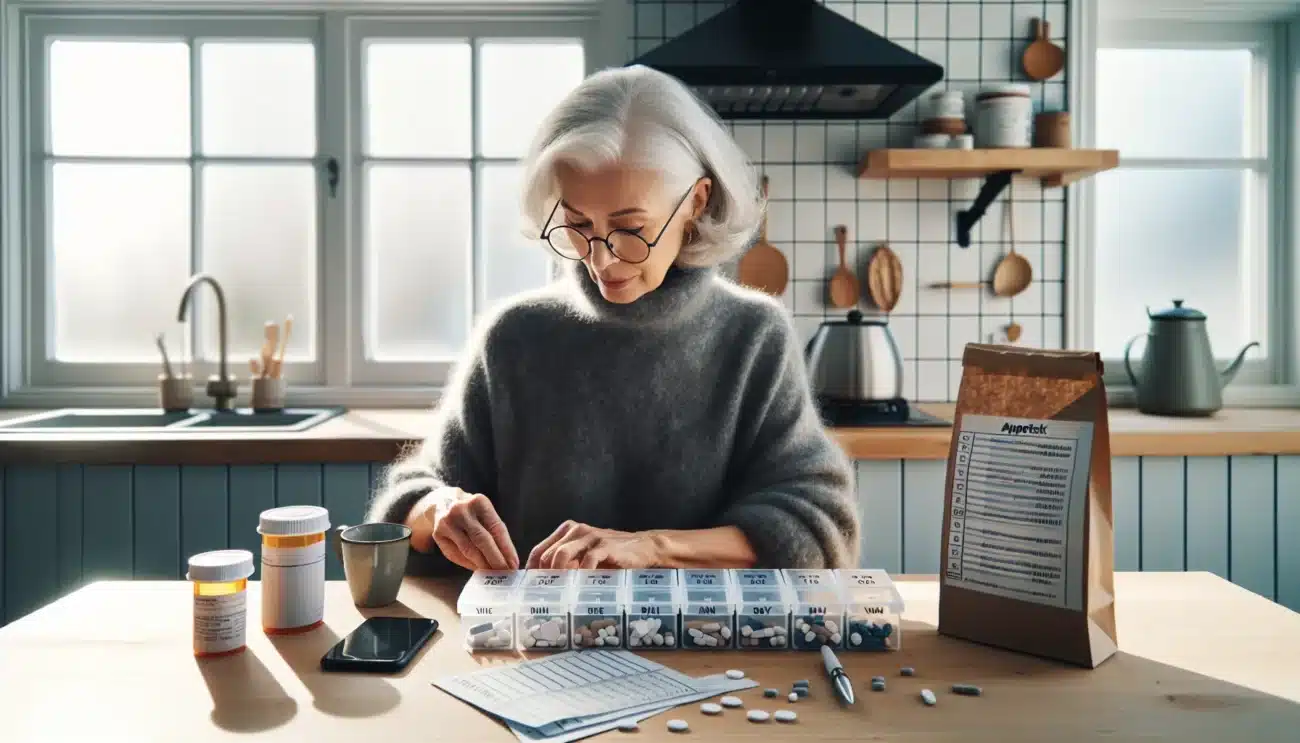 Elderly norwegian sorting pills with dosett med list phone reminder nearby