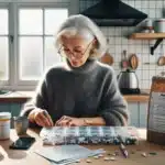Elderly norwegian sorting pills with dosett med list phone reminder nearby