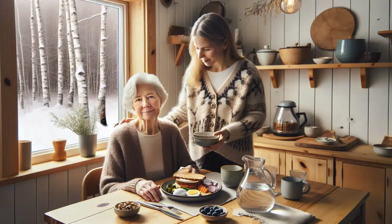 Elderly woman with caregiver enjoying a nutrient rich meal in a norwegian home