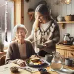 Elderly woman with caregiver enjoying a nutrient rich meal in a norwegian home