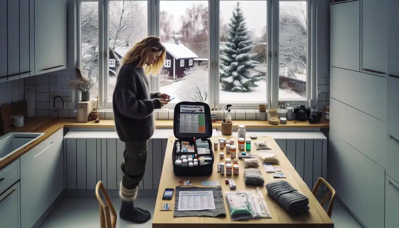 Norwegian adult organizing a home health preparedness kit on a winter afternoon