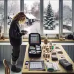 Norwegian adult organizing a home health preparedness kit on a winter afternoon