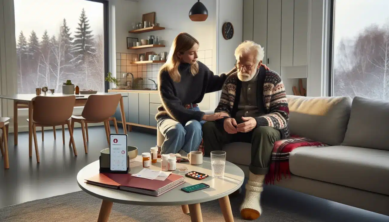 Norwegian caregiver supports elderly patient at home with organized care plan