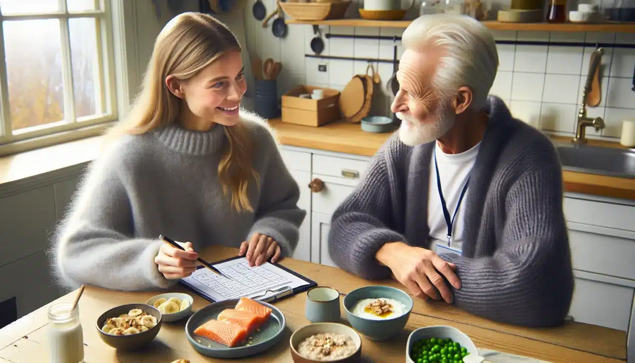 Norwegian dietitian advising an elderly man with protein rich energy dense foods