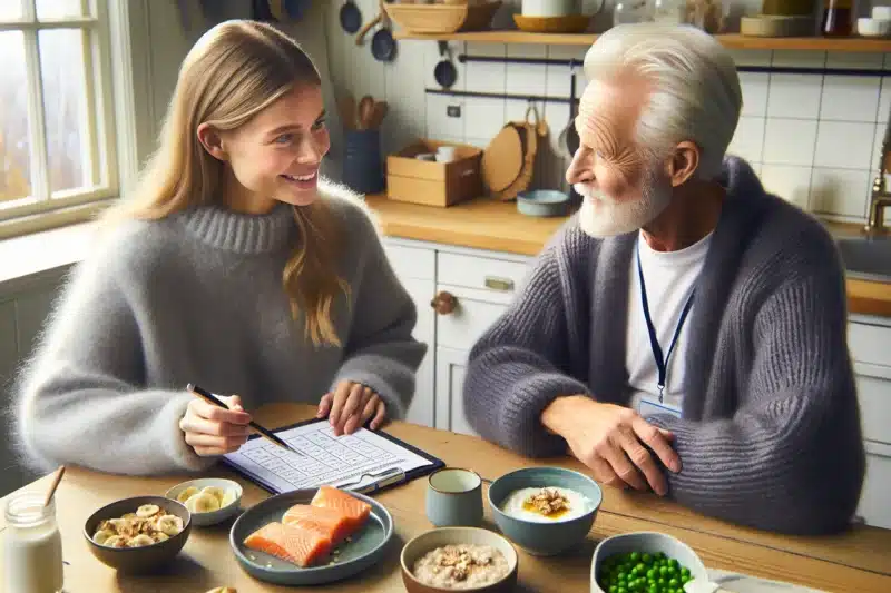 Norwegian dietitian advising an elderly man with protein rich energy dense foods