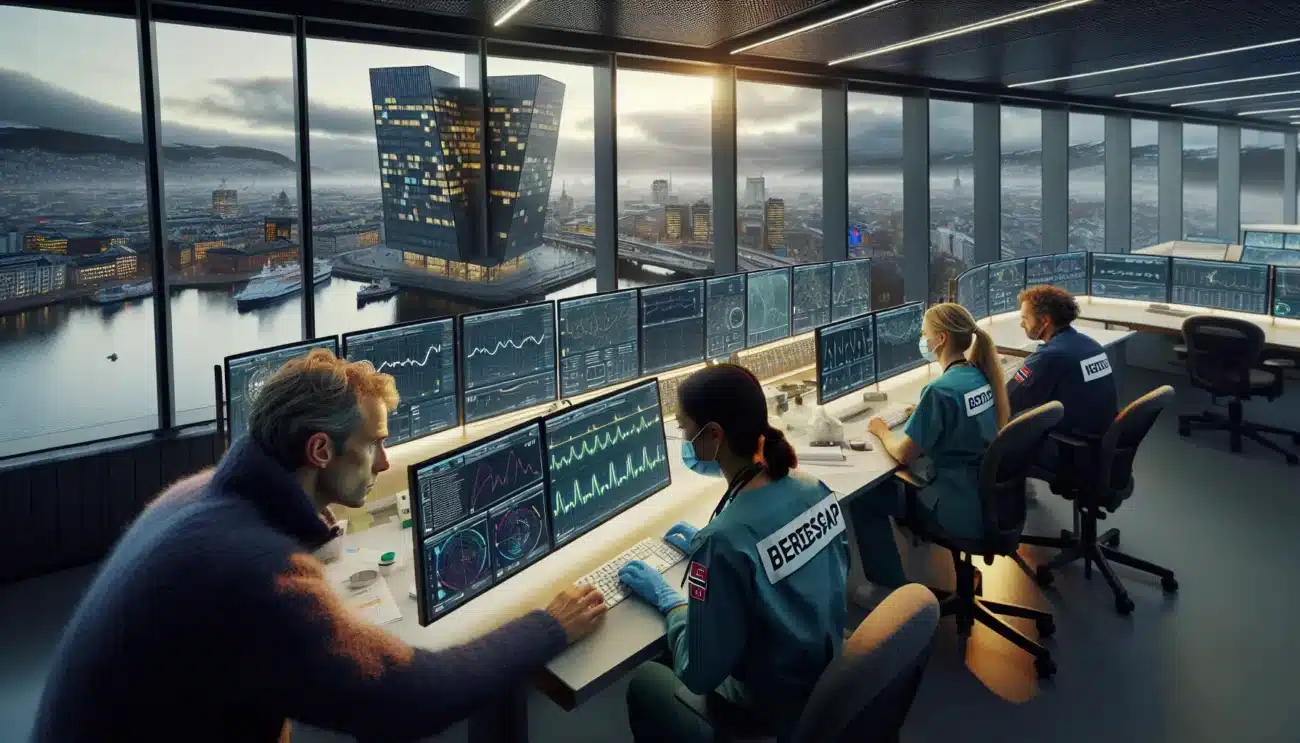 Norwegian emergency team reviews pandemic dashboards in an oslo operations room