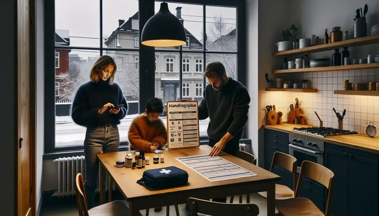 Norwegian family calmly organizing a home emergency kit and calling 113 practice