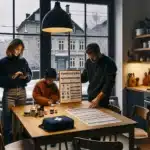 Norwegian family calmly organizing a home emergency kit and calling 113 practice