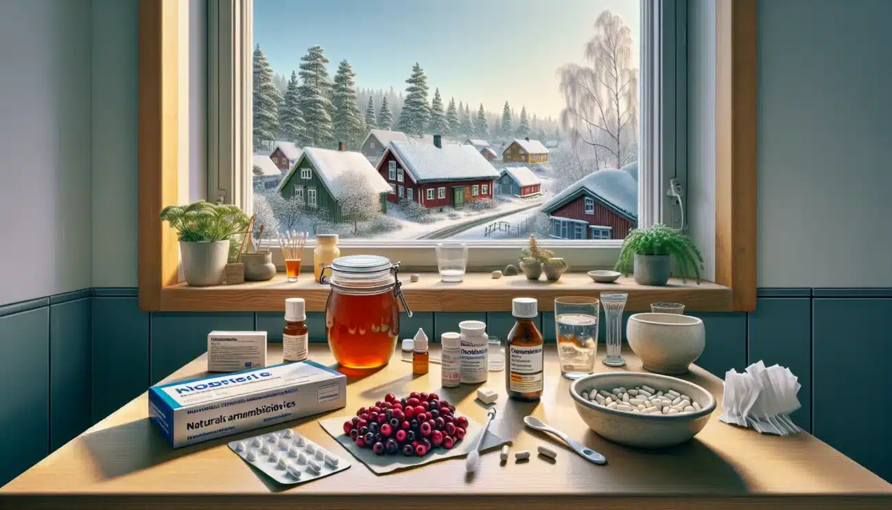 Norwegian kitchen counter with honey cranberries probiotics and a saline neti pot