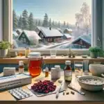 Norwegian kitchen counter with honey cranberries probiotics and a saline neti pot