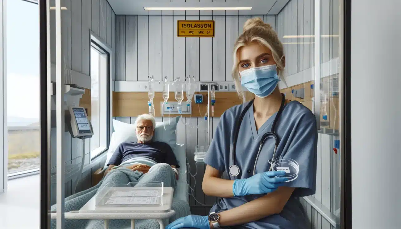 Norwegian nurse in isolation room reviews resistant bacteria results beside elderly patient