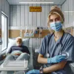 Norwegian nurse in isolation room reviews resistant bacteria results beside elderly patient