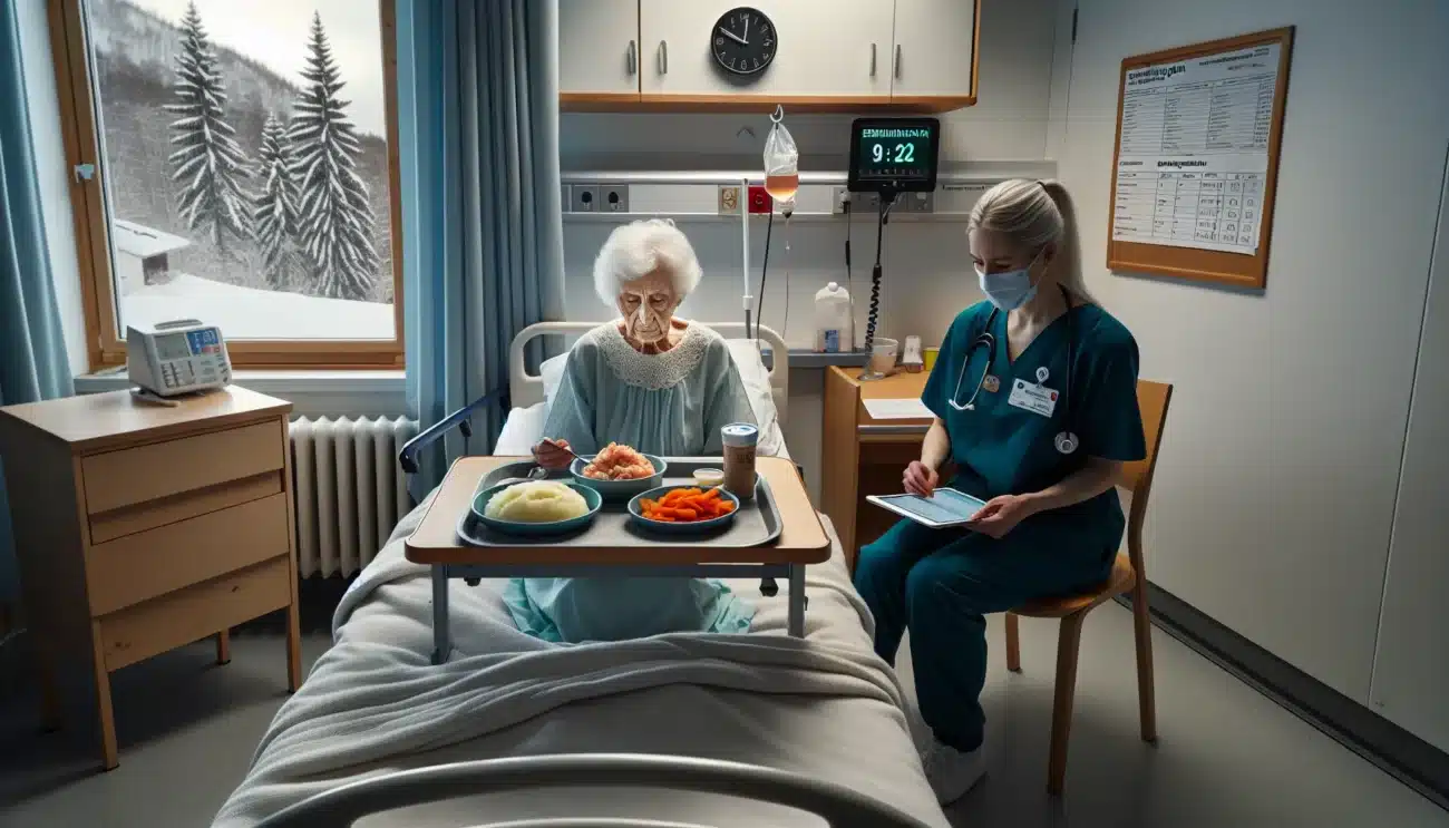 Norwegian nurse screens undernourished elderly patient beside untouched hospital meal