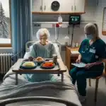 Norwegian nurse screens undernourished elderly patient beside untouched hospital meal
