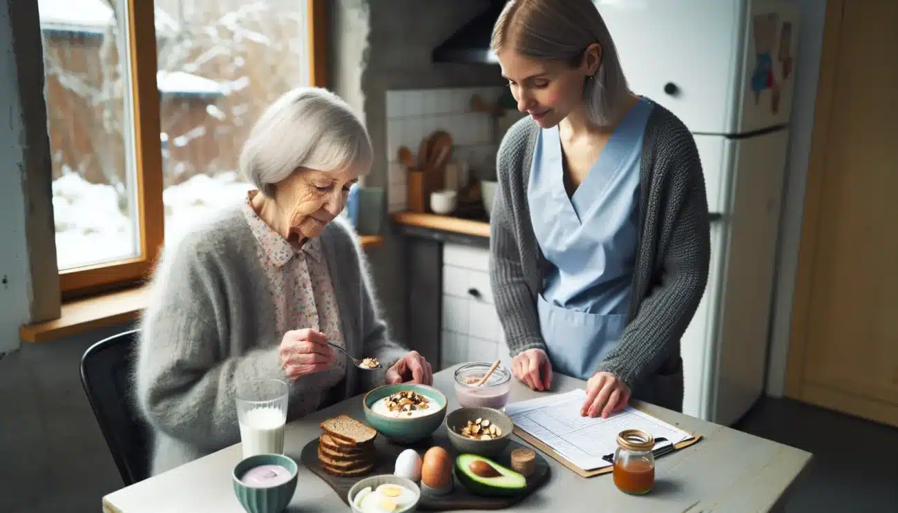 Nurse helps elderly woman eat small energy rich meal in a norwegian home