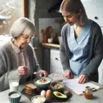 Nurse helps elderly woman eat small energy rich meal in a norwegian home