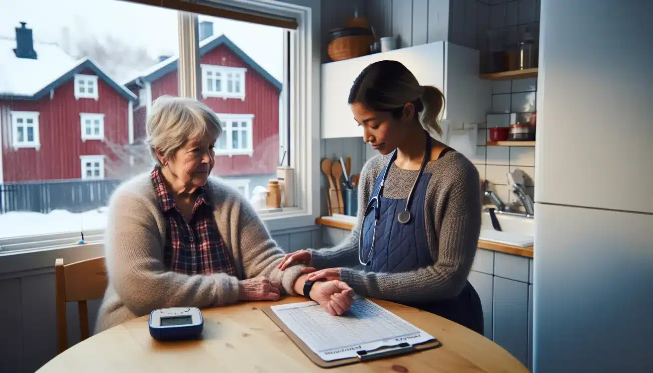 Nurse screens elderly woman for undernutrition at a norwegian kitchen table