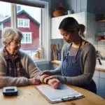 Nurse screens elderly woman for undernutrition at a norwegian kitchen table