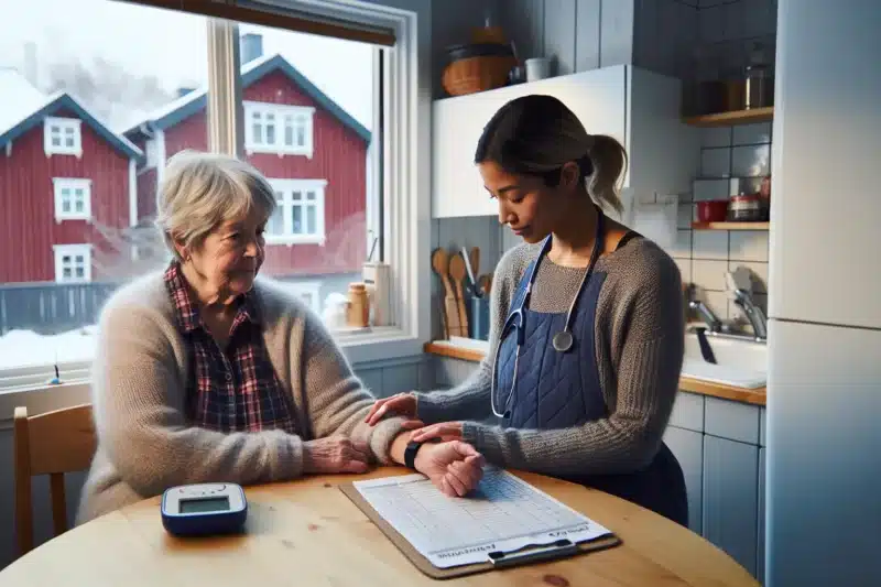 Nurse screens elderly woman for undernutrition at a norwegian kitchen table