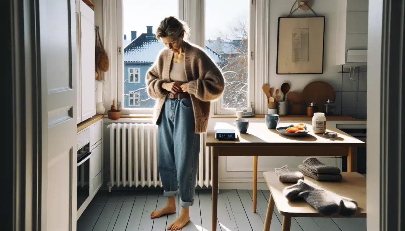 Older norwegian woman tightening belt noticing weight loss in a winter kitchen