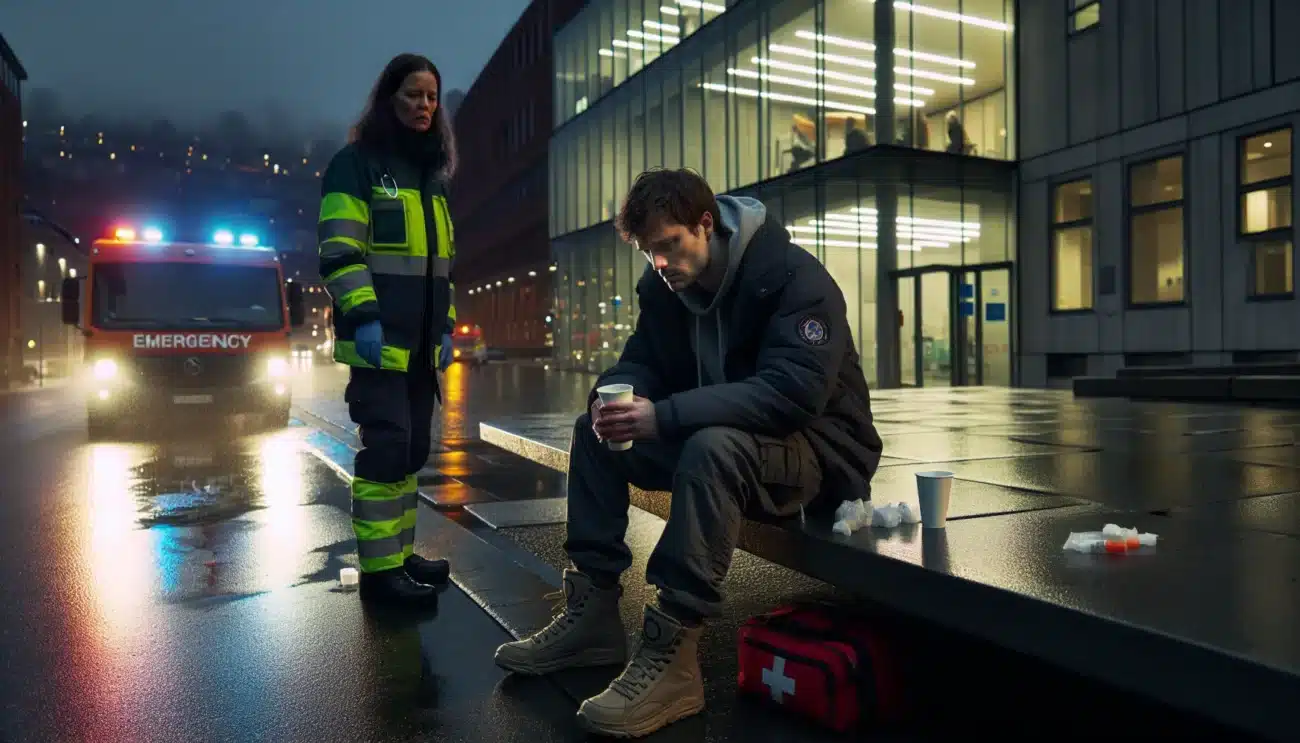 Paramedic calms distressed young man outside oslo legevakt on a cold night