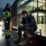 Paramedic calms distressed young man outside oslo legevakt on a cold night